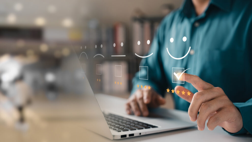 customer satisfaction survey concept, users rate service experiences on online application, customers can evaluate quality of service leading to business reputation rating.