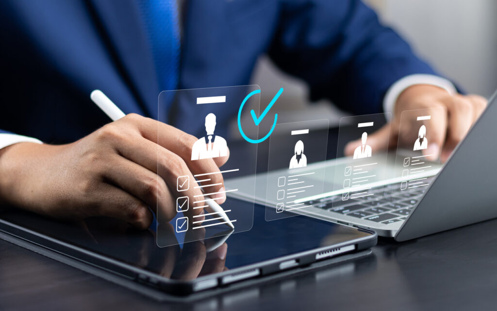 human resource management technology (hr), human resource manager touching human resource network structure and checks the cv online to choose the perfect employee for company, effective recruitment.