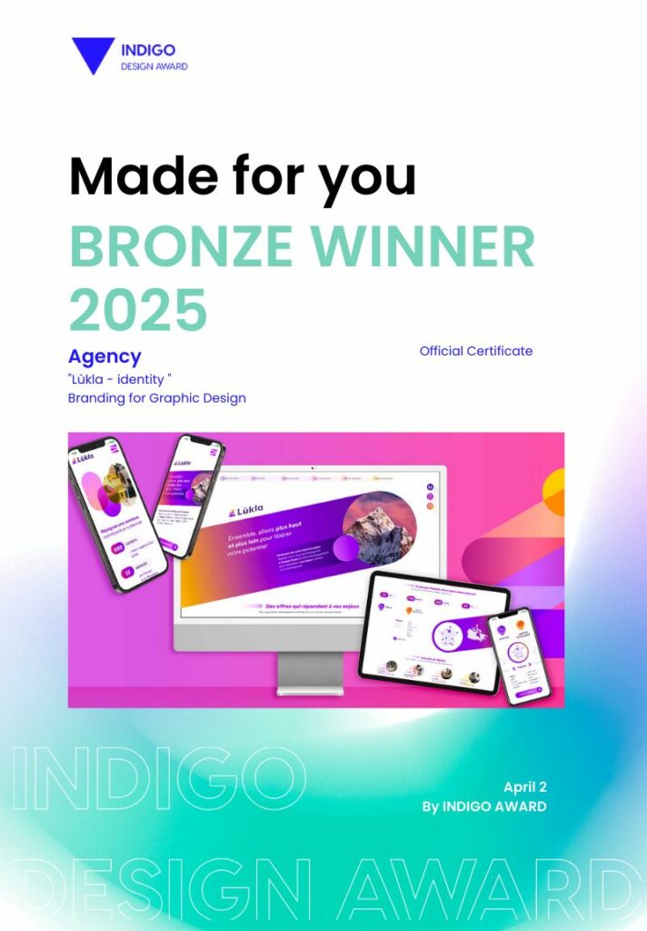 Image illustrant le rebranding de Lùkla, ESN spécialisée dans la transformation digitale, récompensée par un Indigo Bronze Award 2025 pour son identité de marque graphique.